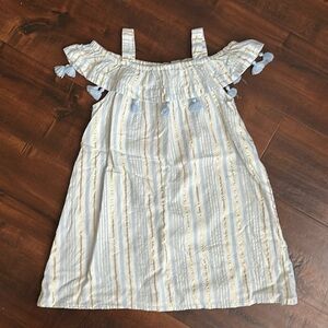 Lulurain girls dress, size 6, white, pale blue and metallic gold stripe, EUC!